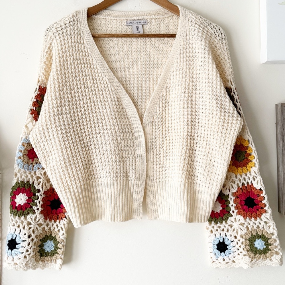 Boho Crochet Granny Square Sleeve Cardigan Cream Open Knit Sweater Size Small - Picture 9 of 16